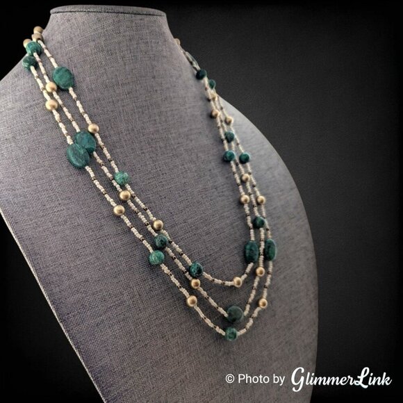 Bohemian Extra Long 84" Green Stone Seed Bead Gold Tone Bead Continuous Necklace - Picture 2 of 13